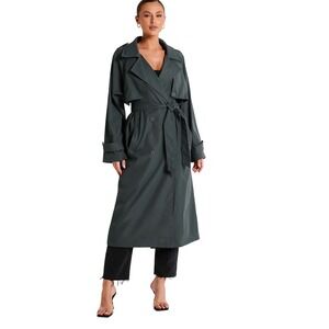 MESHKI Women Black Double Breasted Belted Trench Coat Size S Long Jacket